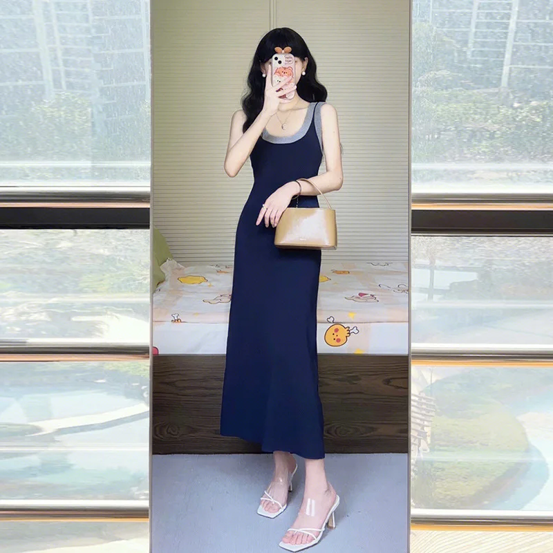 

2023 Spring Waist Long Dress Blue Strap Knitted Tank Top Dress Korean Girl's Navy Blue Sleeveless Vestidos Elegantes