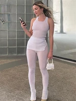tossy white ribbed knit two piece set for women 2022 new see through skinny jumpsuit matching set outfits high street pants sets