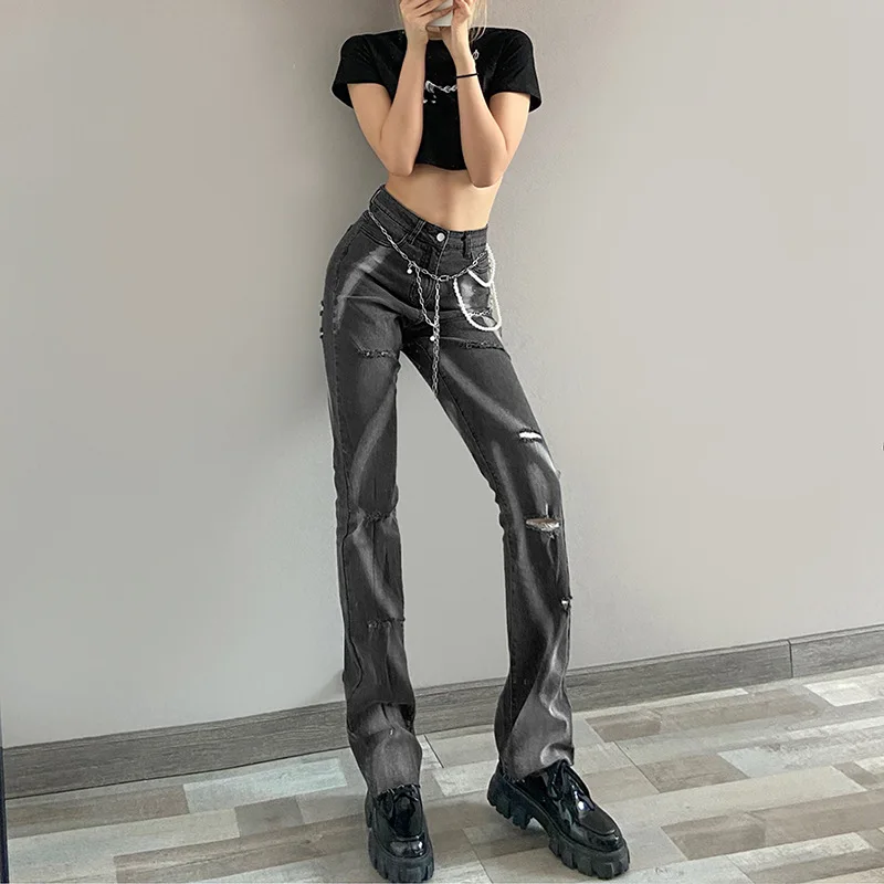 Punk Aesthetics Skinny Y2K Streetwear Trousers Women's High Waist Slimming Printed Straight-leg Ripped Casual Street Style Jeans