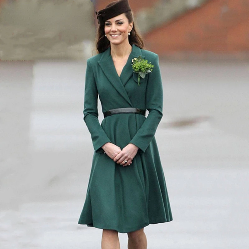 Kate Middleton Fashion Elegant Formal Office Lady Dress Women Autumn Winter Long Sleeve Luxury Green Dresses Female Size 3XL
