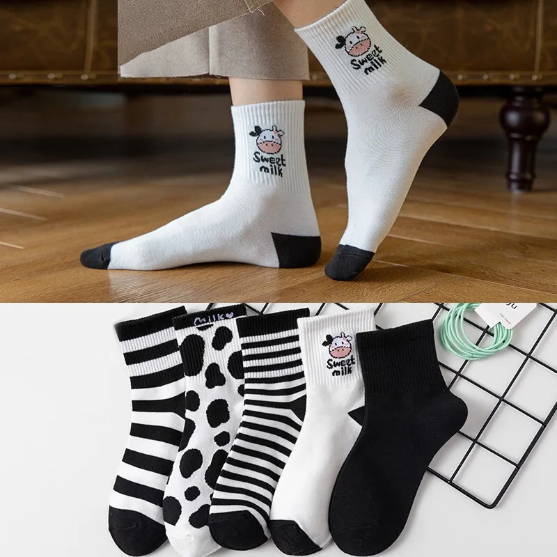 

Носки женские средние хлопковые в полоску с принтом коровы, 5 пар