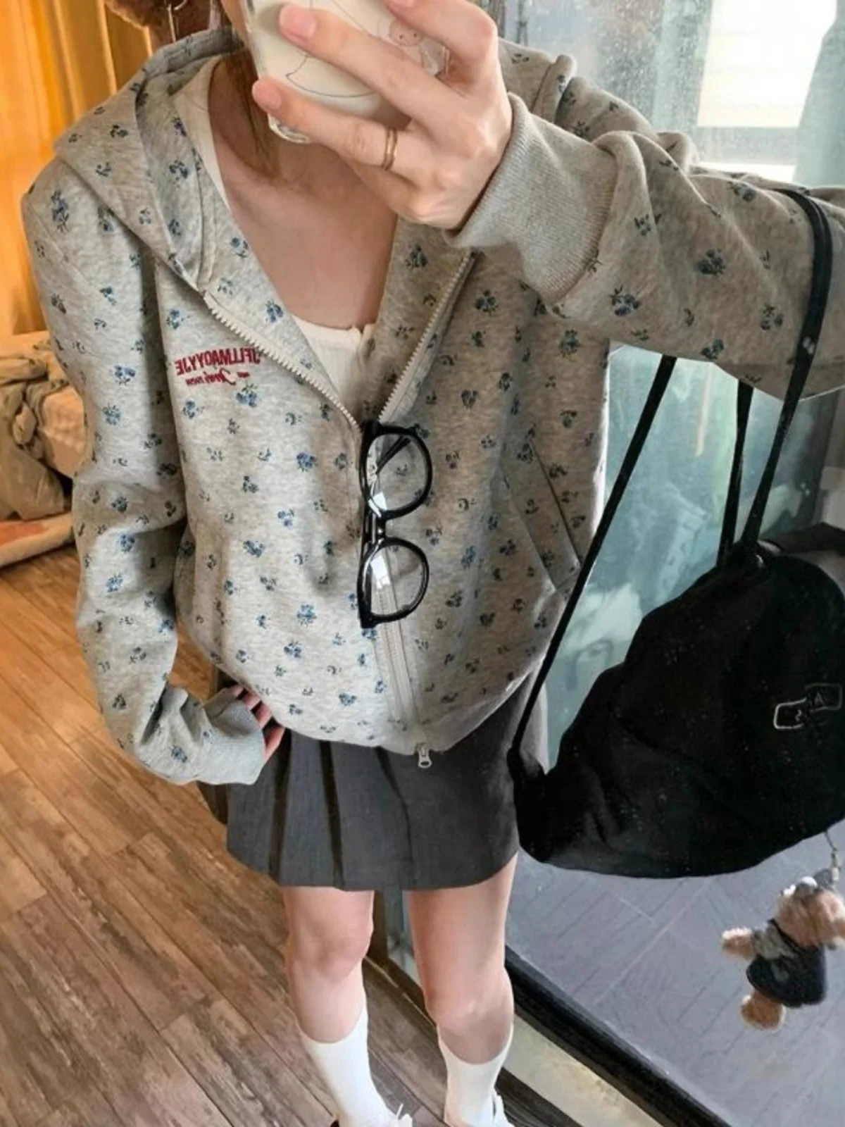  Floral Shoulder Fleece-lined Thick Short Outerwear Trendy Autumn and Winter New Design Sense Chic Hoodie