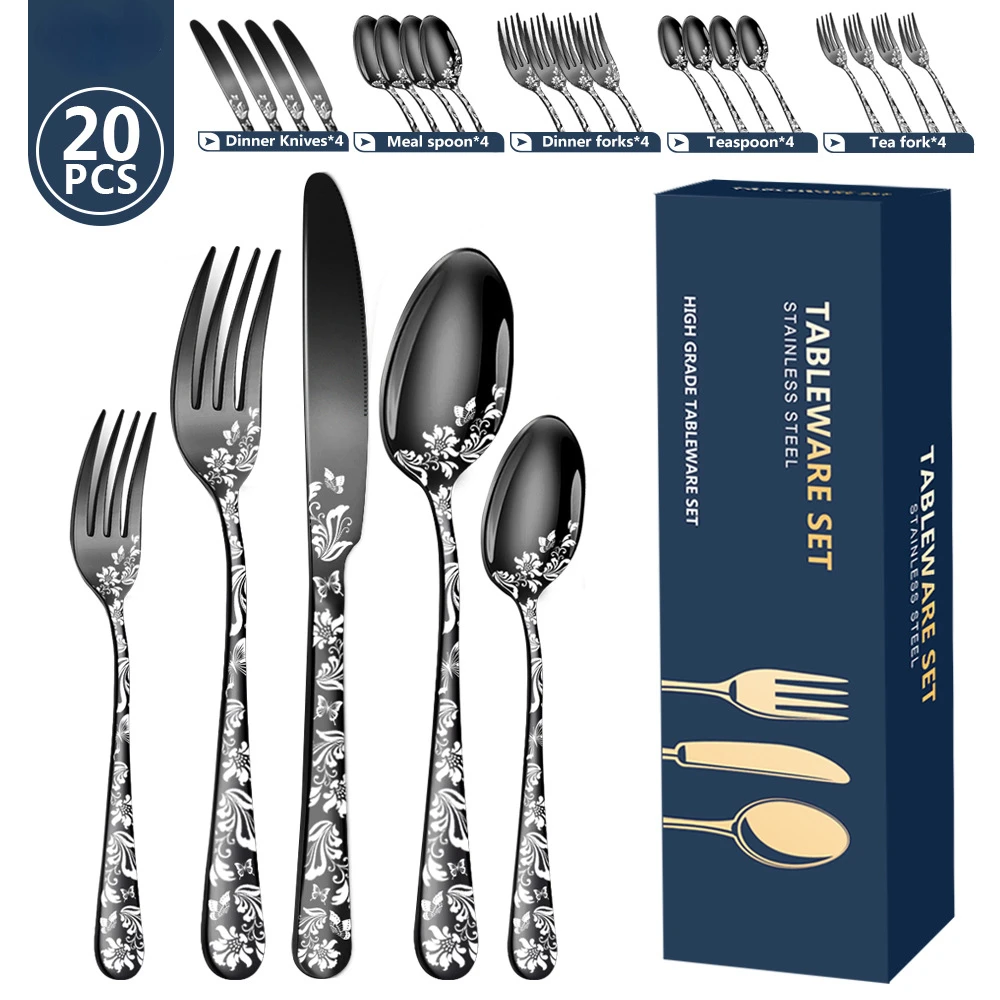 

20Pcs Pattern Stainless Cutlery Set Stainless Steel Knife Fork Spoon Tableware Flatware Set Festival Kitchen Dinnerware Gift