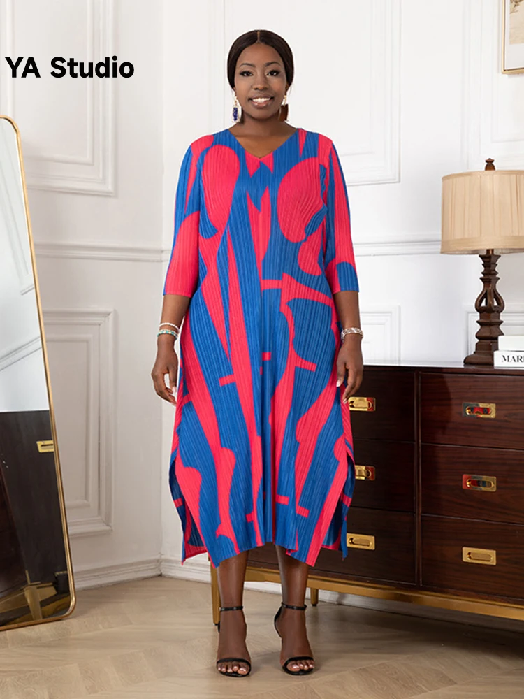 

[YA Studio] модное Плиссированное Повседневное платье с V-образным вырезом и принтом, облегающее длинное платье с разрезом и рукавами для женщин, лето 2023