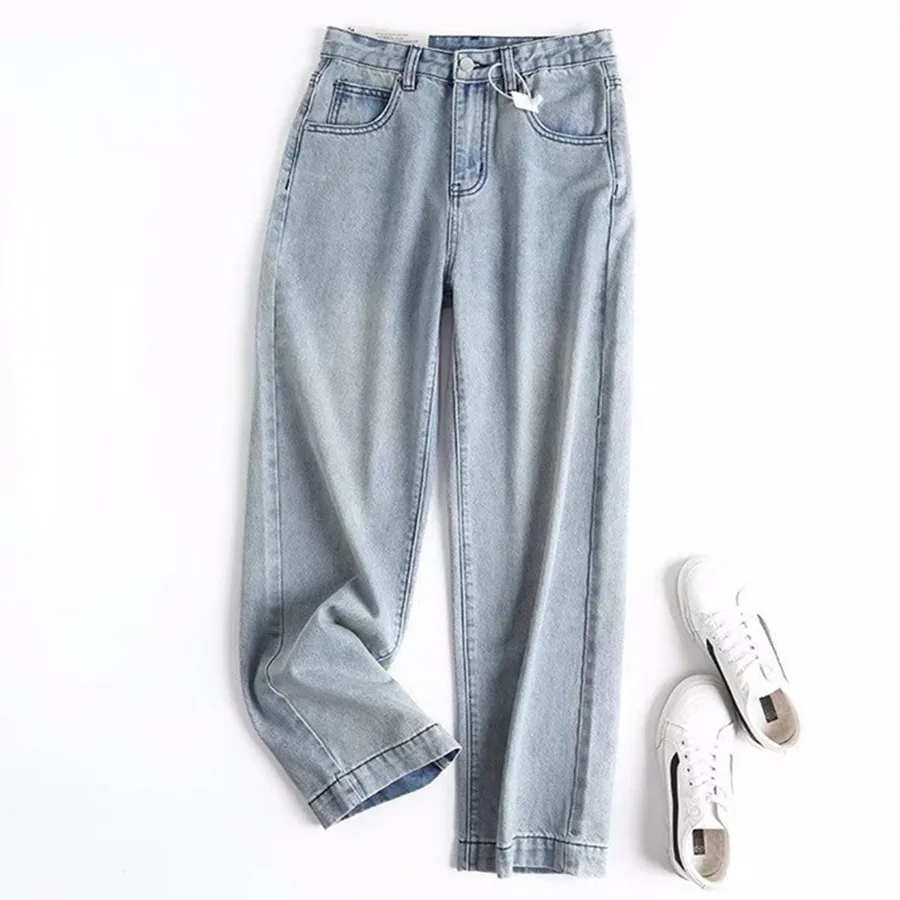 

Jenny&Dave Fashion Vintage HIgh Waist Straight Mom Jeans England Style High Street Washed Light Blue Loose Jeans Women