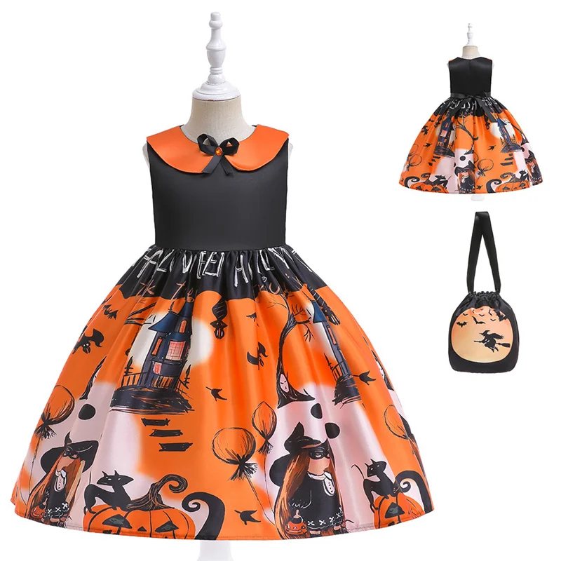 

Cosplay Performance Dresses Halloween Party Gown Kids Princess Dress +Bag Fashion Big Children Show Evening Clothes 3-10Y