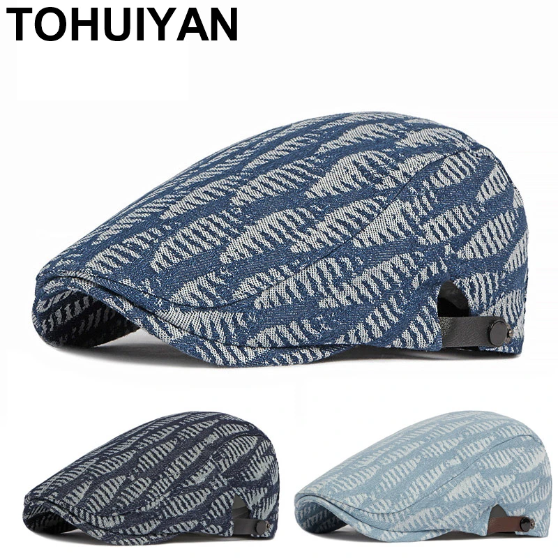 

TOHUIYAN Washed Old Worn Denim Hats For Women Men Boina Newsboy Driving Caps Baker Boy Duckbill Cap England Cabbie Ivy Flat Hat