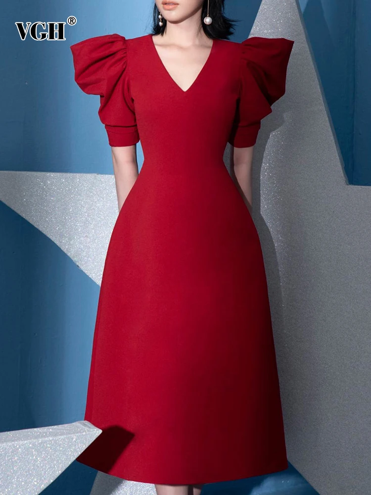 

Пуловер VGH, повседневные платья для женщин, V-образный вырез, короткий рукав, высокая талия, повседневные свободные платья трапециевидного с...