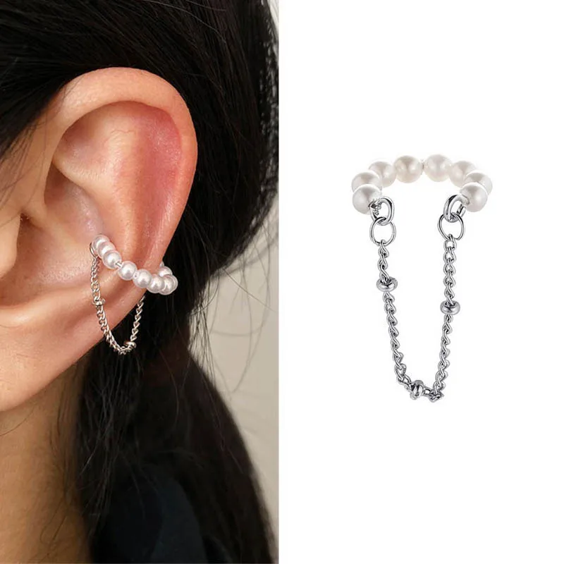 

New Women Pearl Ear Cuff Non Pierced Clip Earrings Silver Color Chain Ear Clips Double-layers Elegant Fake Cartilage Earrings