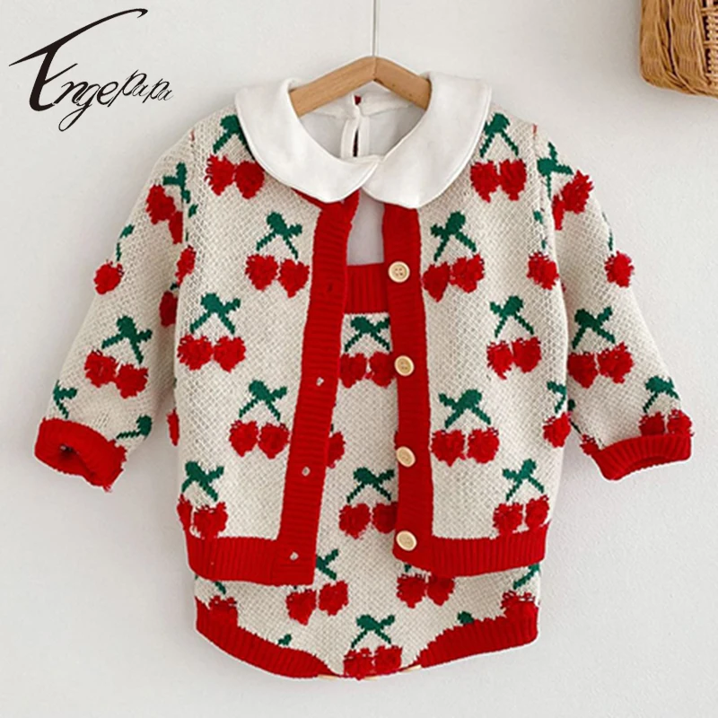 

Engepapa Autumn Infant Baby Girl Cherry Printing Rompers+Coat Long Sleeves Toddler Cute Baby Girls Sweet Cardigan Jumpsuit