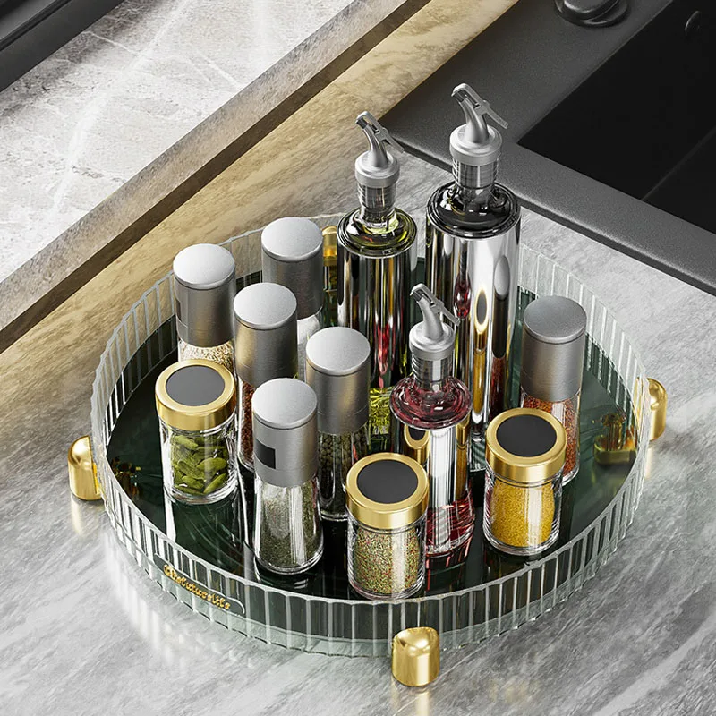 

Luxury Rotating Tray Snack Fruit Food Clear Spice Rack Kitchen Cabinets Shelf Dry Pallet Cosmetic Organizer Bathroom Storage