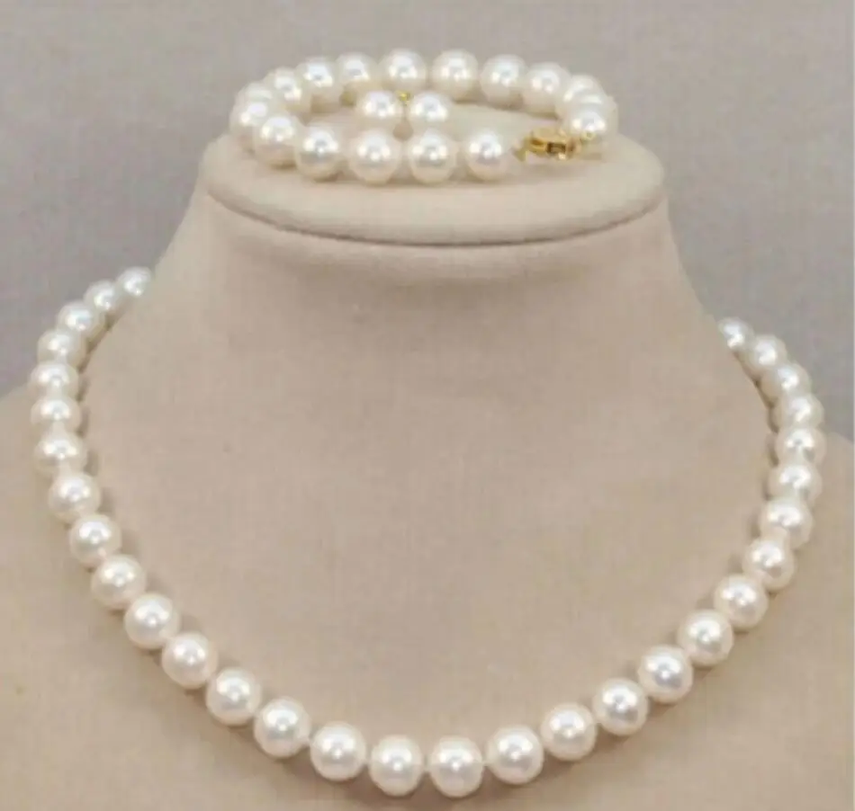 Hot selling pearl AAA 7-8mm round Akoya white necklace 18 inch+earrings+bracelet 7.5-8in set 14kp gold