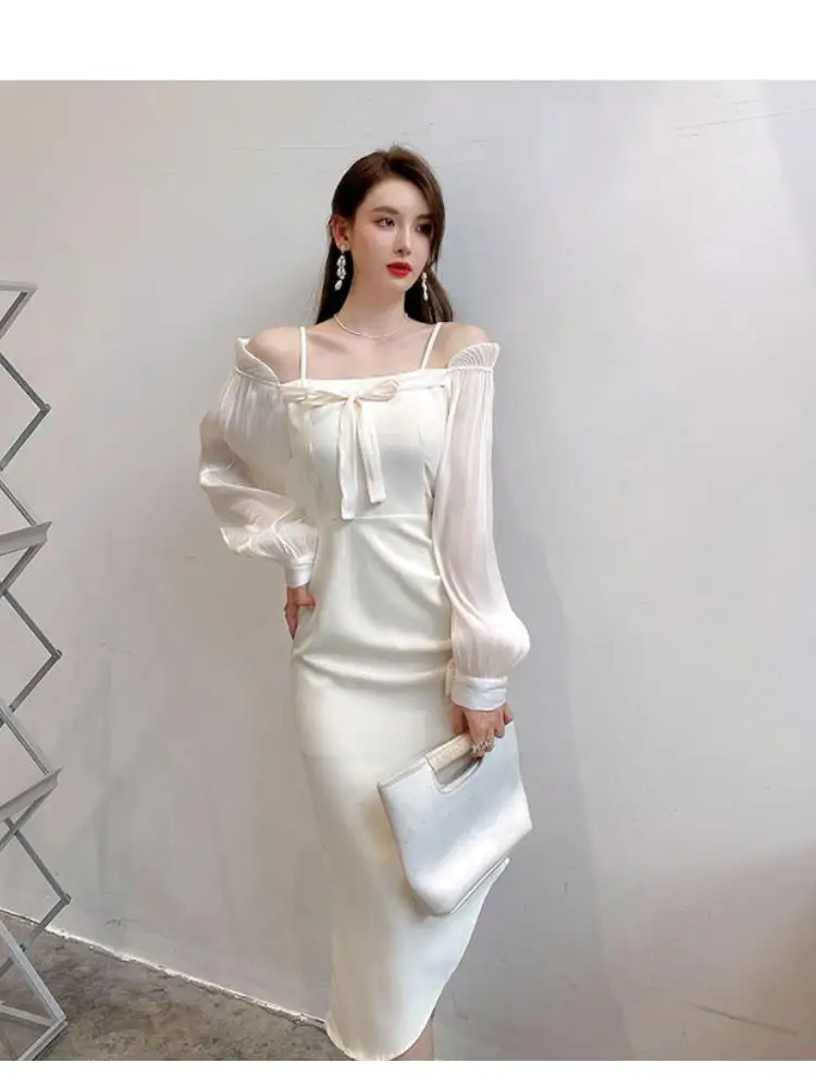

Spring/autumn Sheath Bodycon Dress Suspender Slash Neck Sexy Robe Femme Elegant Dress Fishtail Ruffles