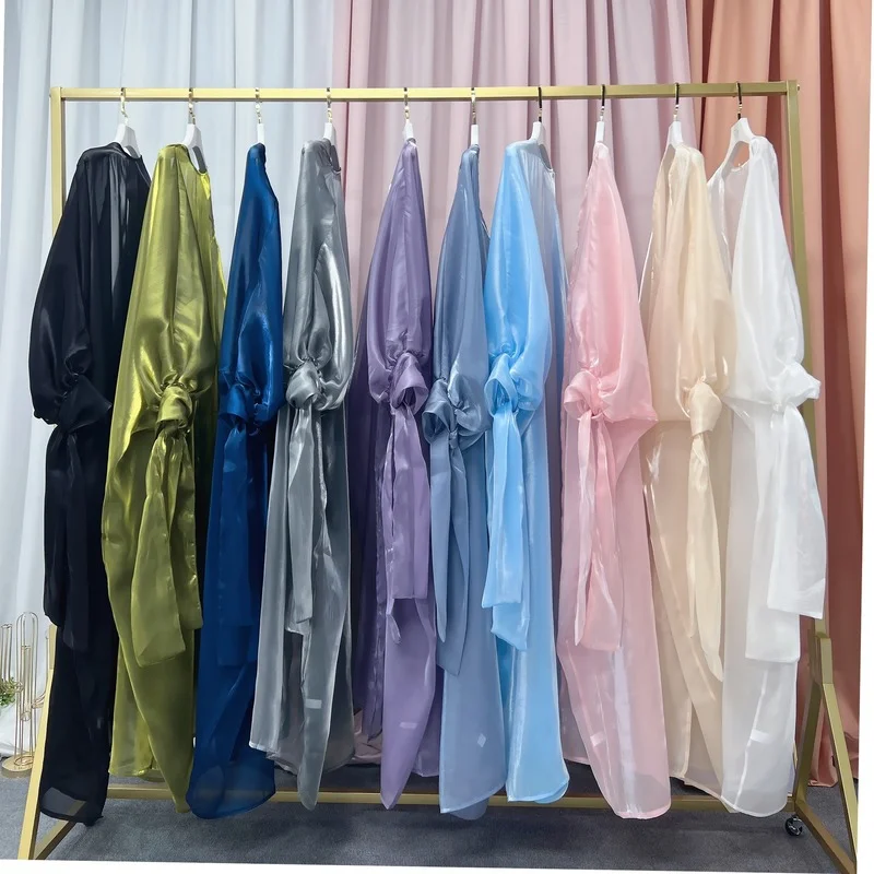 2022 Ramadan Open Abaya Kimono Dress Shiny Soft Puff Sleeves Satin Abayas for Women Dubai Turkey Muslim Hijab Dress Islam Kaftan