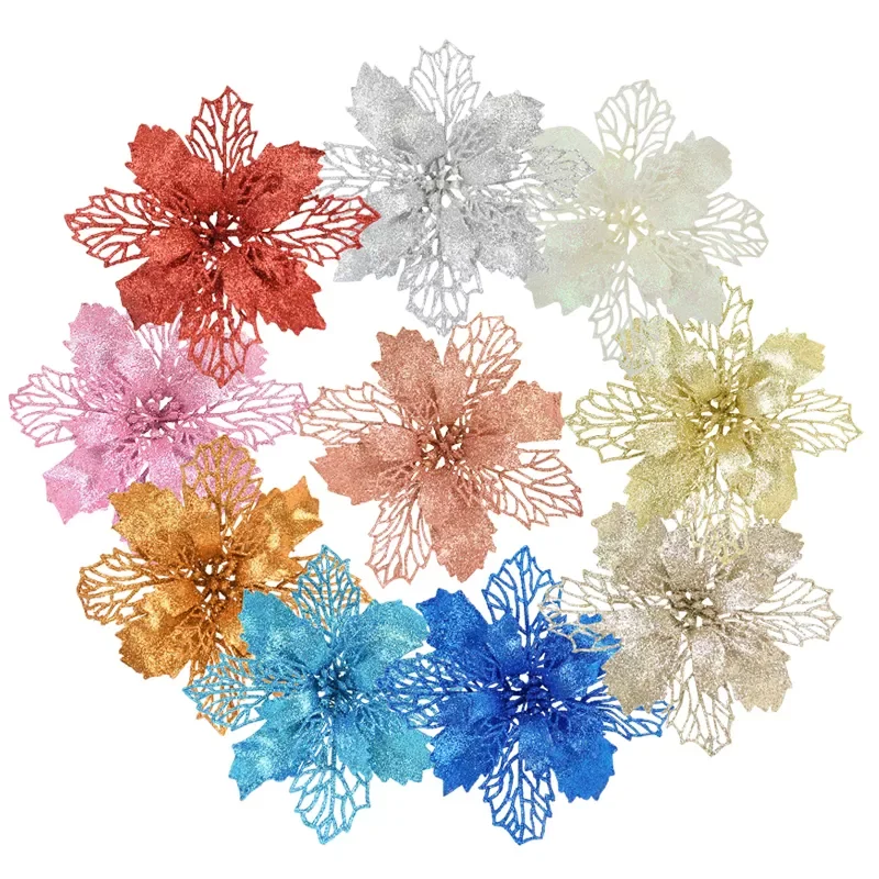 

New 10pcs Glitter Artificial Poinsettia Flower with Berry Wedding New Year Christmas Cherry Flower Decorations Xmas Tree Ornamen