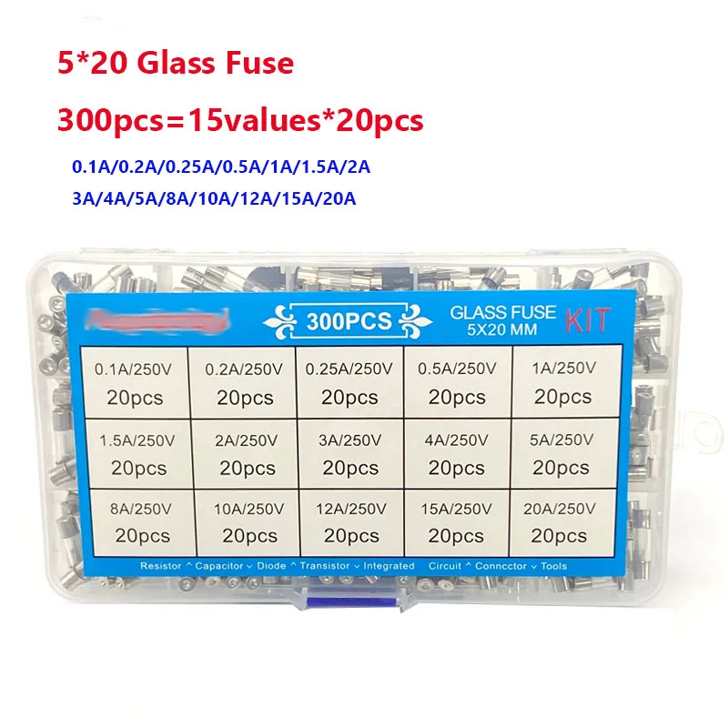 300Pcs 5x20mm Glass Tube Fuse Quick Blow Glass Tube Fuse  Assortment Kit Fast-blow Glass Fuses 0.1A-20A