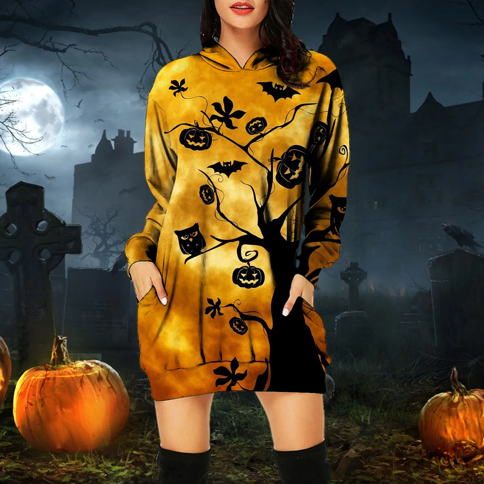 

Women Casual Tops Women Fashion Halloween Printed Long Sleeve Hooded Women Hoodie Pullover Mid Womens Zipper Sweatshirt Jacket