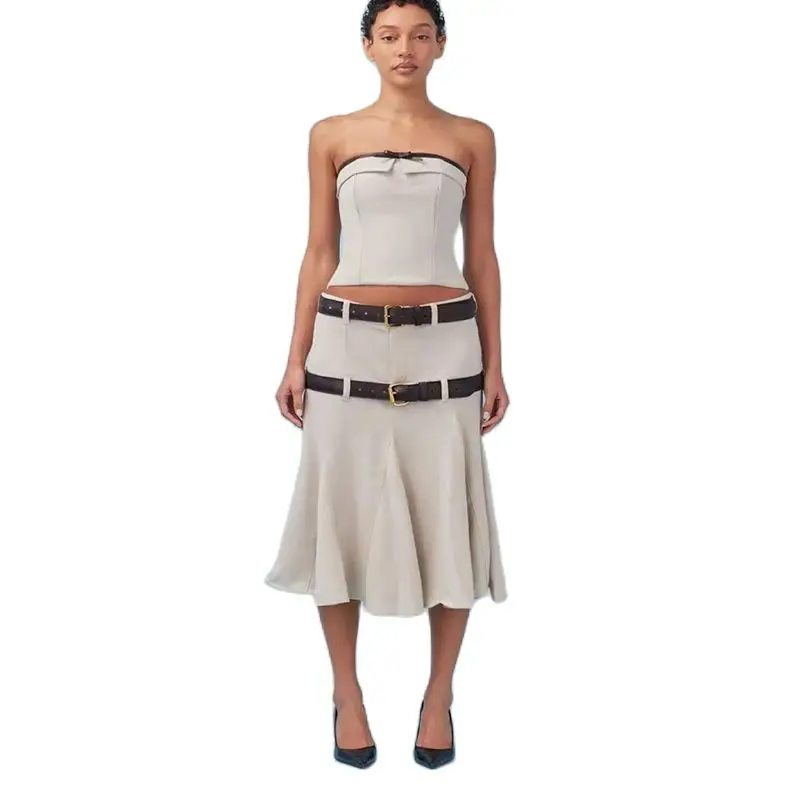 

Женский костюм с юбкой-футляром, топ с украшением бабочки из масляной кожи + юбка с двойным поясом и зонтом, пикантная юбка до локтя y2k, лето 2023