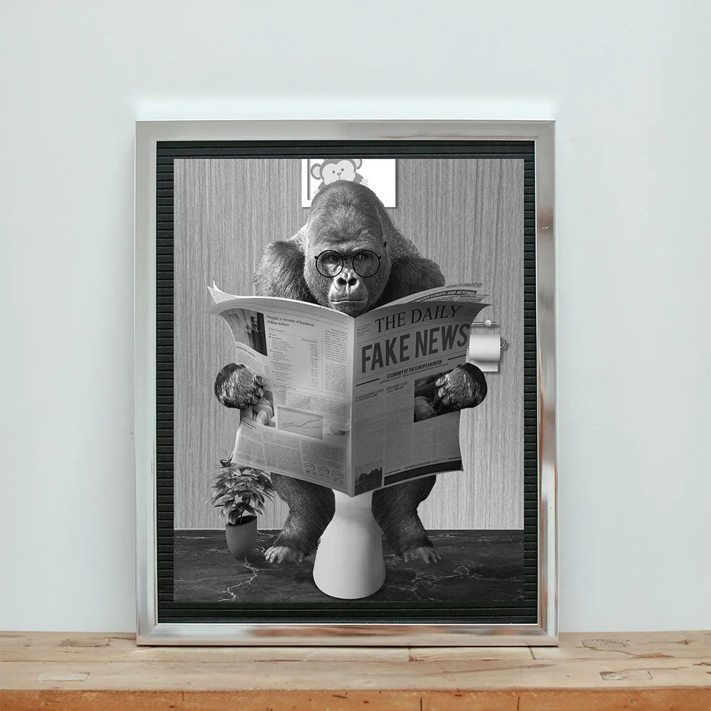 Funny Gorilla Business Poster and Print On The Wall Reading Newspaper Painting Washroom Restroom Decor Black White Art Picture 1