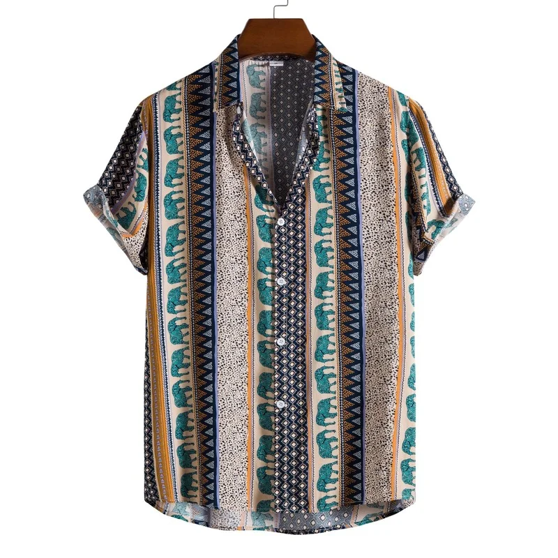Men Shirt Top Summer Loose Print Cardigan Shirt Men's Casual Short Sleeve Single-Breasted Turn-down Collar Shirt Vacation Shirt