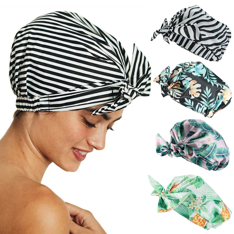 

Waterproof Shower Cap Striped Bath Caps with Adjustable Elastic Band Stylish Shower Cap for Women Long Thick Hair