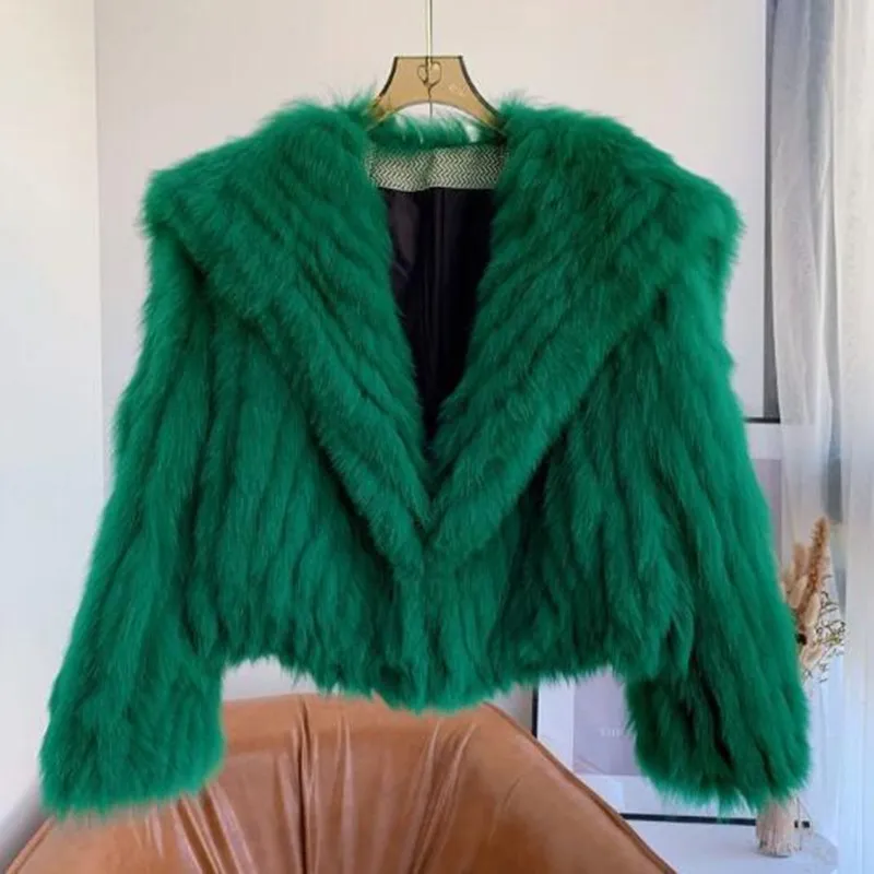 Imitation fur short coat woven Rex rabbit fur green long hair lapel winter coat