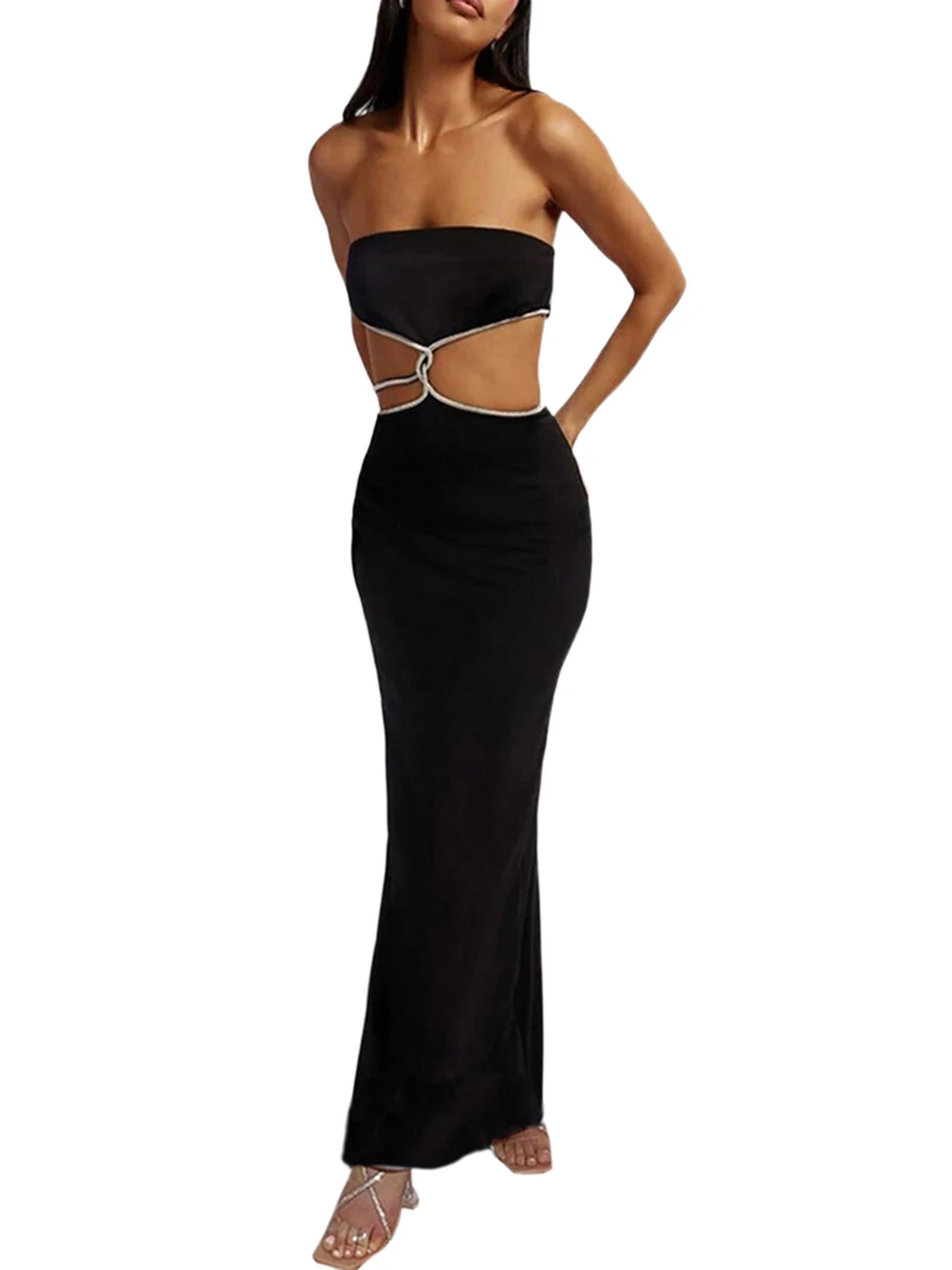 

Women Strapless Tube Top Long Dress Twist Cut Out Split Maxi Bodycon Dress Evening Cocktail Party Dress