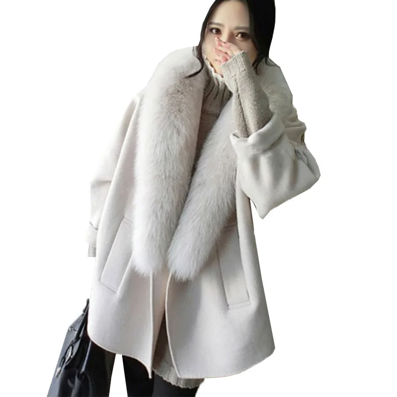 

Parkas Natural Winter Women Real Fox Fur Collars Jacket Long Woolen Coat Thick Warm Female Outerwear Ladies