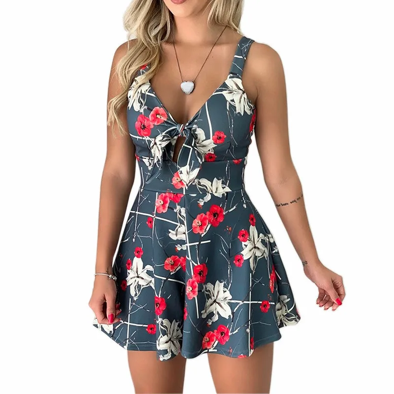 

Sexy Spaghetti Strap V Neck Jumpsuit Bowknot Fashion Print Loose Women Summer Plus Size Playsuits One Piece Rompers Beachwear