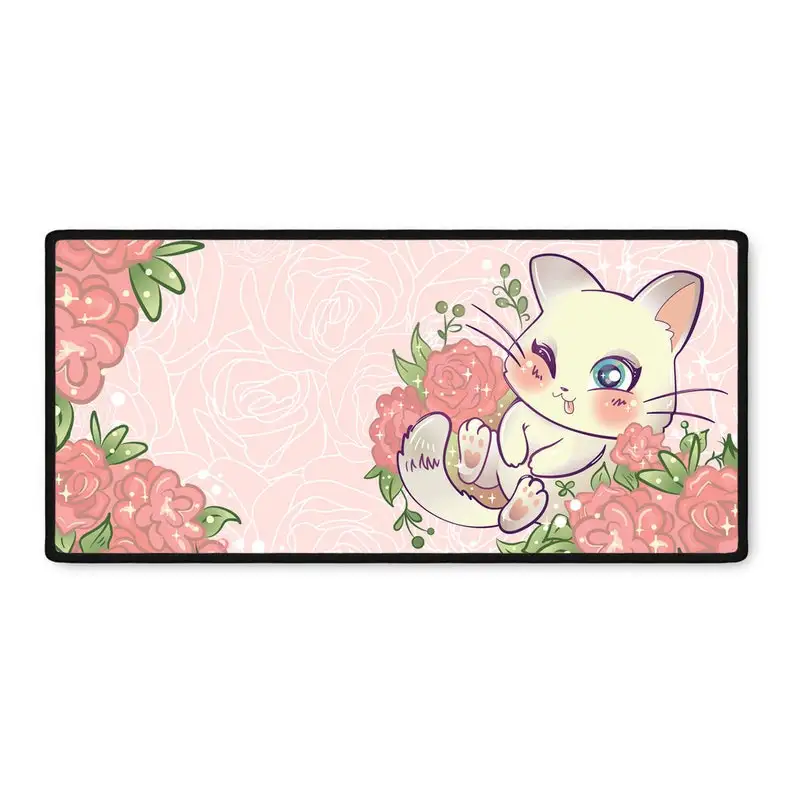 

Cute Cat And Flower Roses Pink Gamer Mousepad Mouse Pad Desk Mat