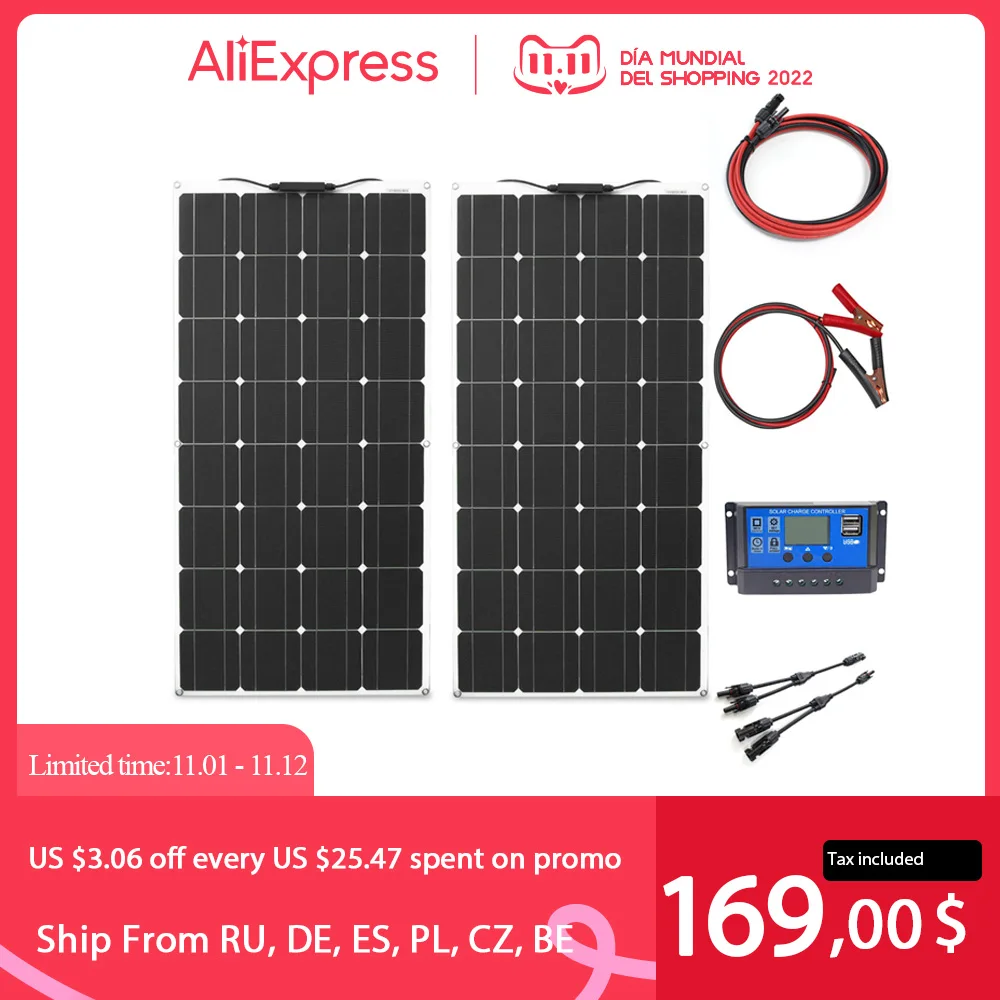 100w 200w flexible solar panel with 10A/20A solar regulator cable for 12v battery charger home roof