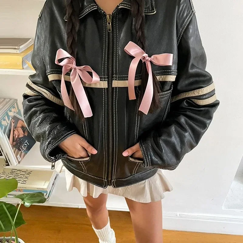 Укороченная кожаная куртка HOUZHOU для женщин винтажная мотоциклетная в японском
