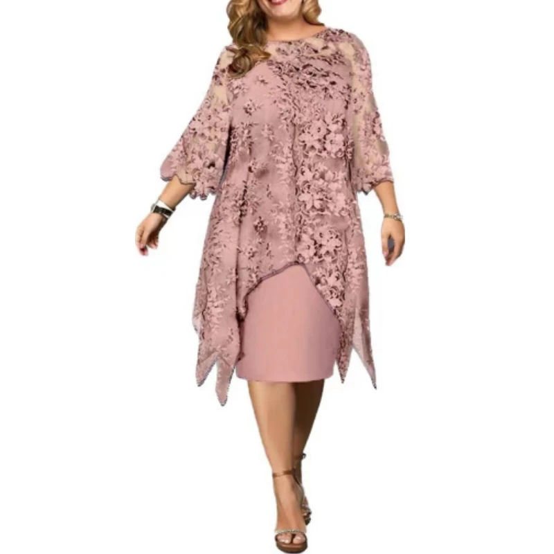 

Elegant Dress Attractive Soft Texture Lady Dress Embroidery Lace Mesh 3/4 Sleeve Lady Plus Size Evening Dress for Party Autumn