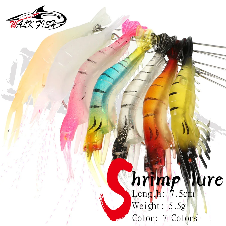 

WALK FISH 7 шт./партия, силиконовая рыболовная приманка для креветок, 75 мм, 5,5 г, смешанные цвета, искусственная светящаяся приманка для креветок с бусинами, вертлюжным крючком