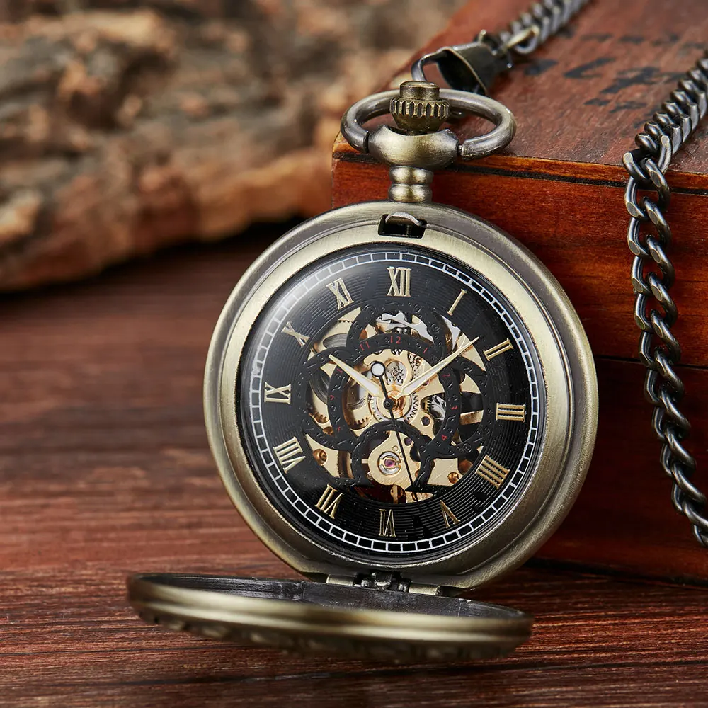 Vintage Pattern Mechanical Pocket Watch With Chain Retro Steampunk Skeleton Hollow Hand-winding Pendant Clock Men Women