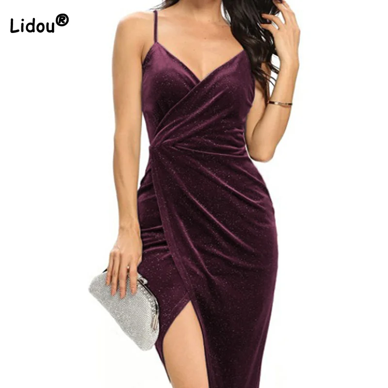 

Femme New Elegant Gold Velvet Bronzing Pleated Irregular Slip Midi Skirt Hem Slit Mid Waist Evening Dress 2022 for Women Summer