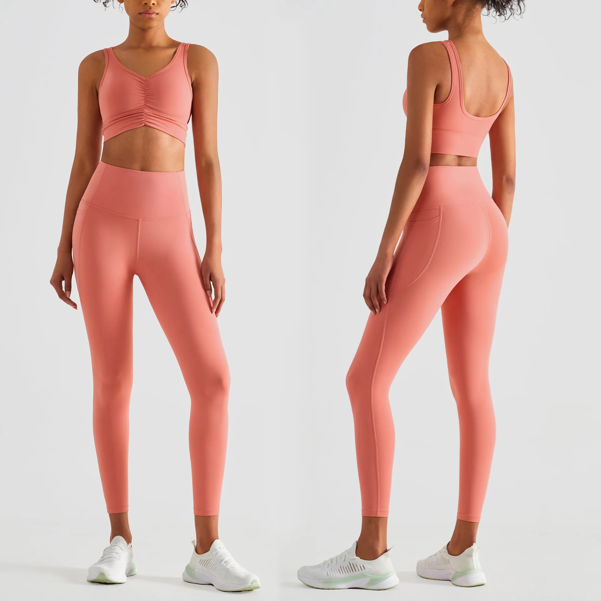Yoga Suit Female Yoga Trousers+Pleated Gathered Sports Bras 2 Pieces Women Tracksuit Side Pockets High Waist Hip Lift Yoga Pants