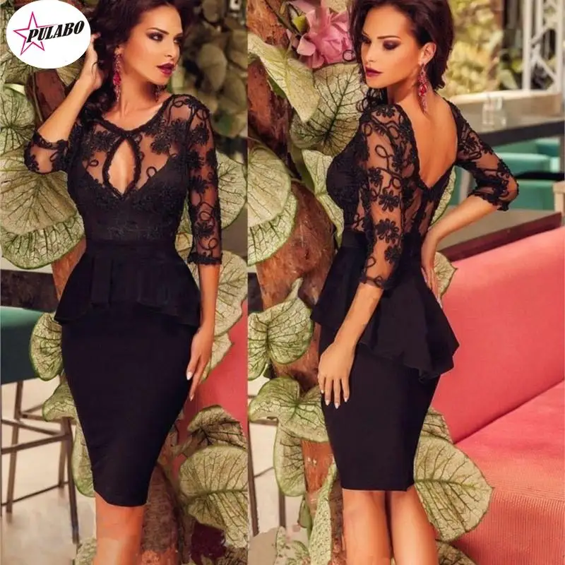 

2022 Women Autumn Black Lace Office Dress Sexy Long Sleeve O-neck Pencil Evening Bodycon Elegant Party Vestidos