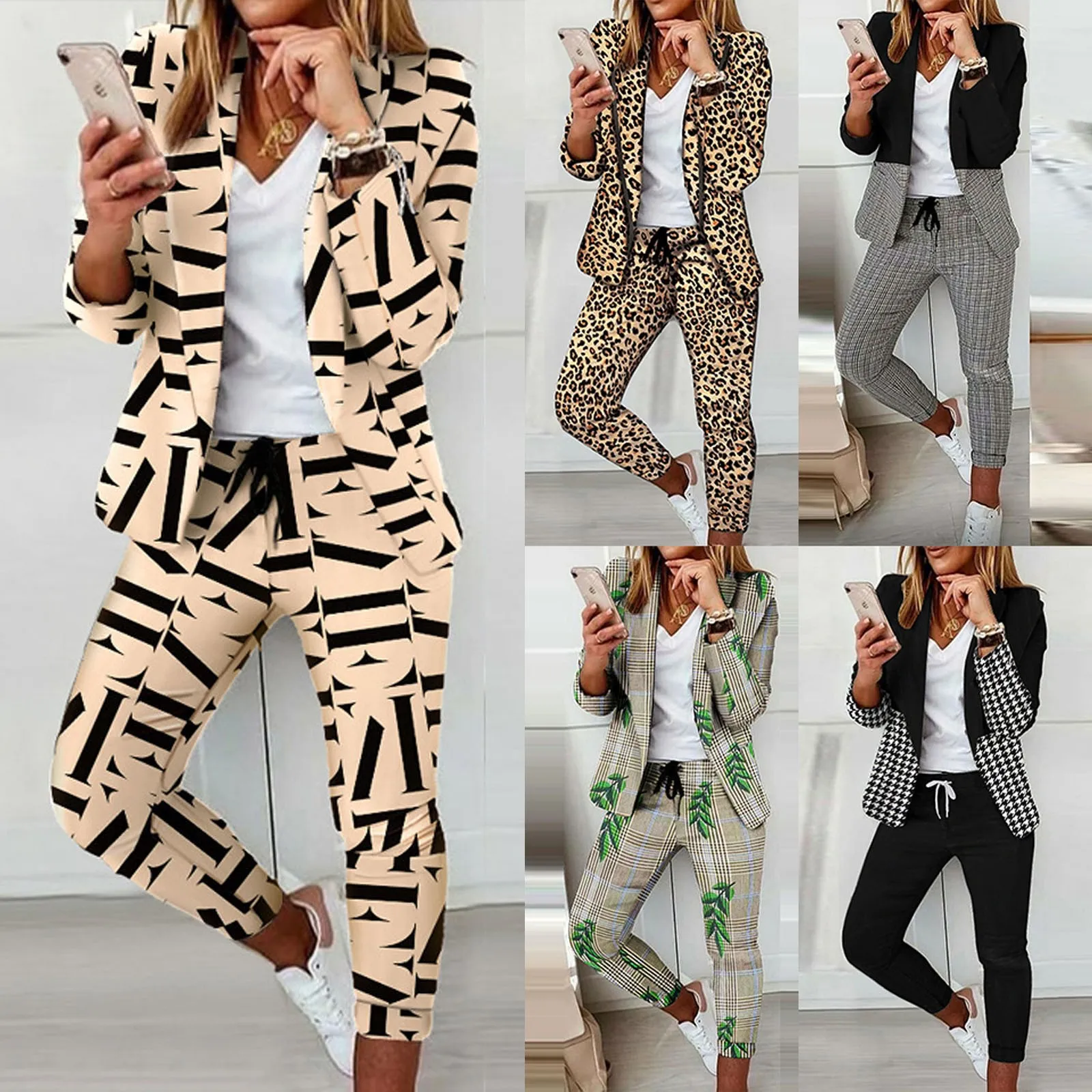 

Женский брючный костюм из двух предметов, повседневный жакет с отложным воротником и карманами, брюки-карандаш, спортивный костюм для фитне...