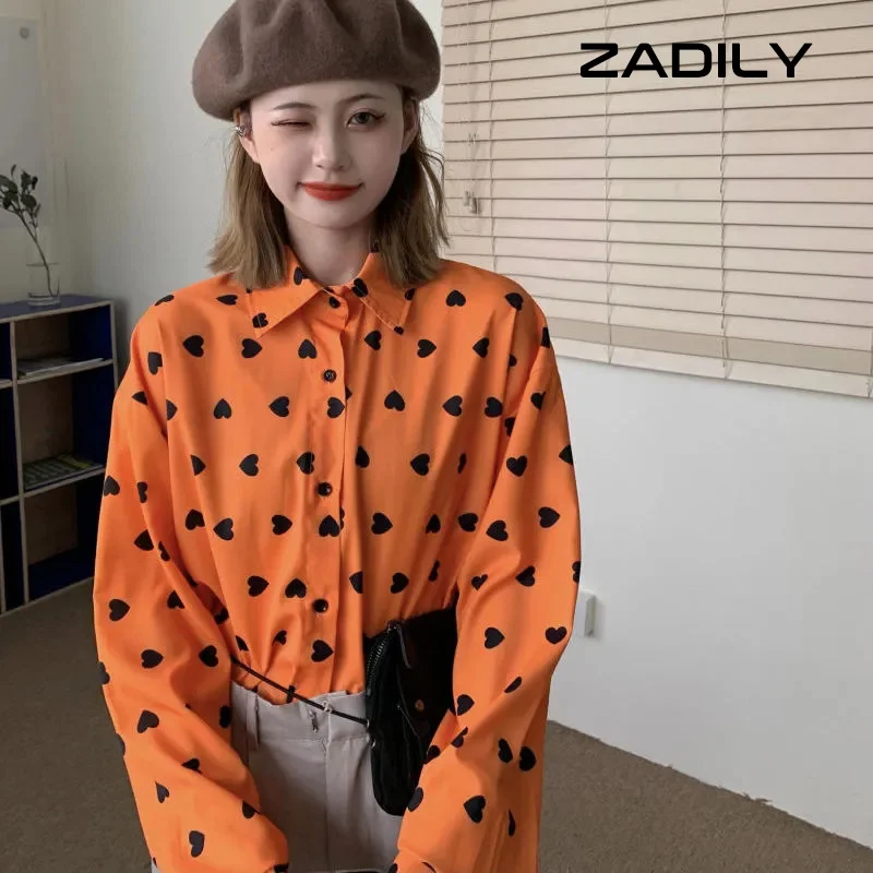 

Korean style Vintage Long Sleeve Heart-shaped Print Women Shirt Chic Button Up Loose Blouse Summer Female Clothing Tops