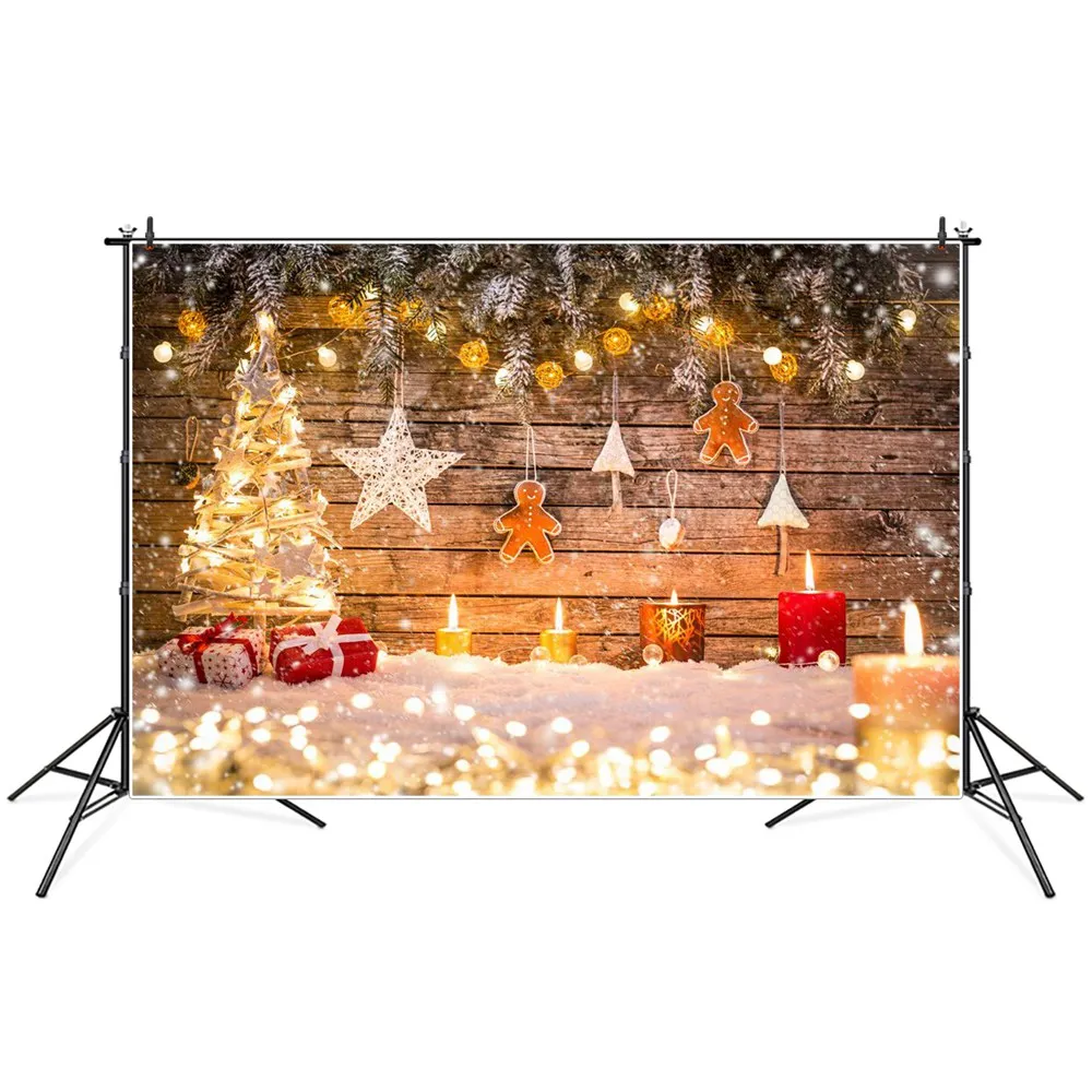 

Christmas Tree Candles Snowflake Bokeh Wooden Planks Photography Backgrounds Custom Baby Party Decoration Photo Booth Backdrops