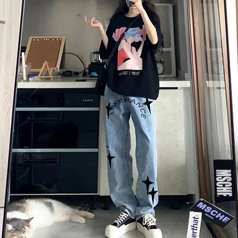 

Female Clothes Cross Applique Jeans New Street Retro High Waist Straight Wide Leg Pants Y2k Casual Denim Trousers Baggy Streetwe