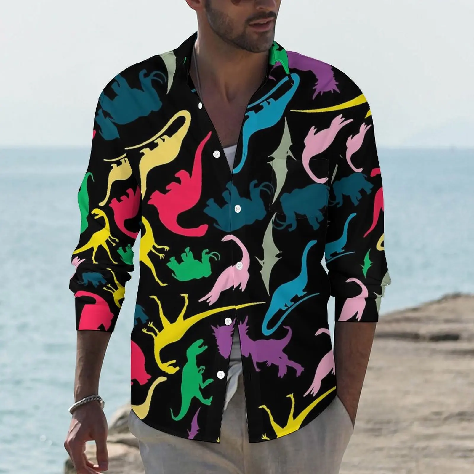 

Color Dinosaur Print Casual Shirts Man Funny Animal Shirt Long Sleeve Trending Y2K Blouses Autumn Clothing Plus Size 3XL 4XL