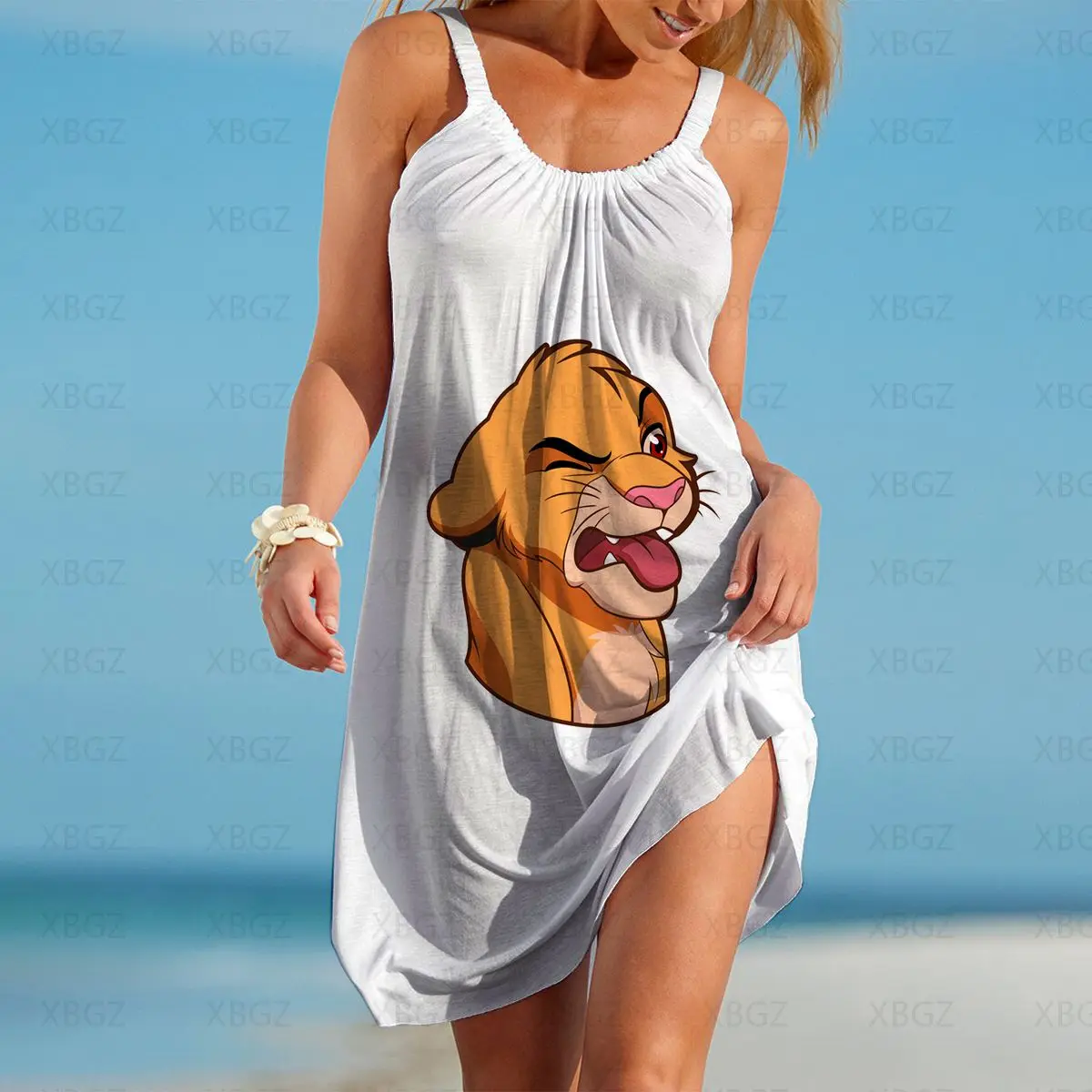 

The Lion King Boho Summer Dresses Woman 2022 Print Women's Free Shipping Beach Dress Sexy Sleeveless Loose Elegant Sling Cartoon