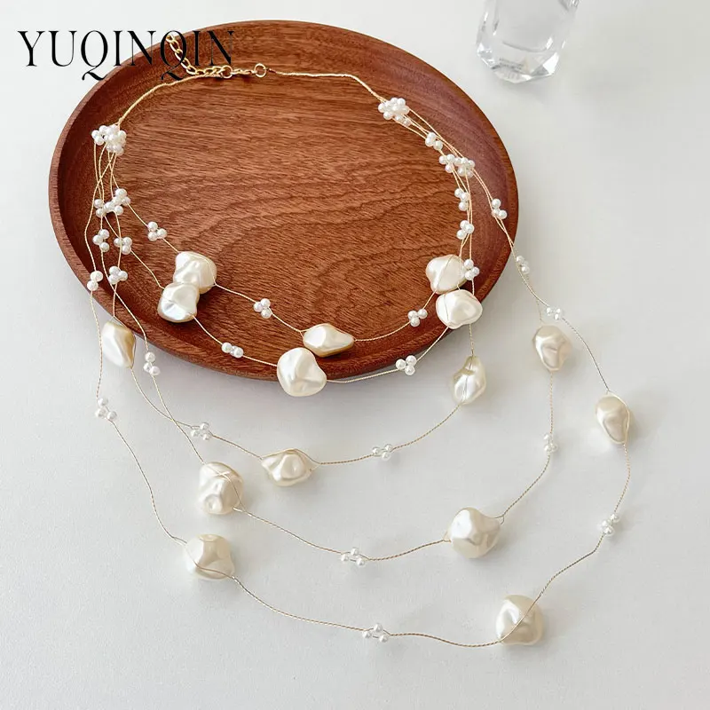 Ожерелье женское многослойное длинное с имитацией жемчуга и бусинами