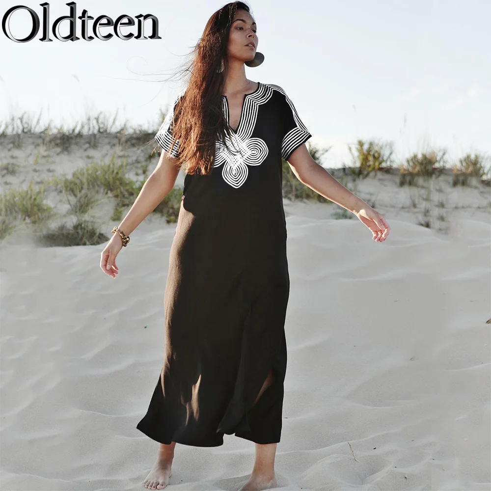 

Новая трендовая хлопковая длинная юбка с вышивкой, Пляжная Солнцезащитная накидка с коротким рукавом для отпуска, купальник, накидка для бикини, купальник