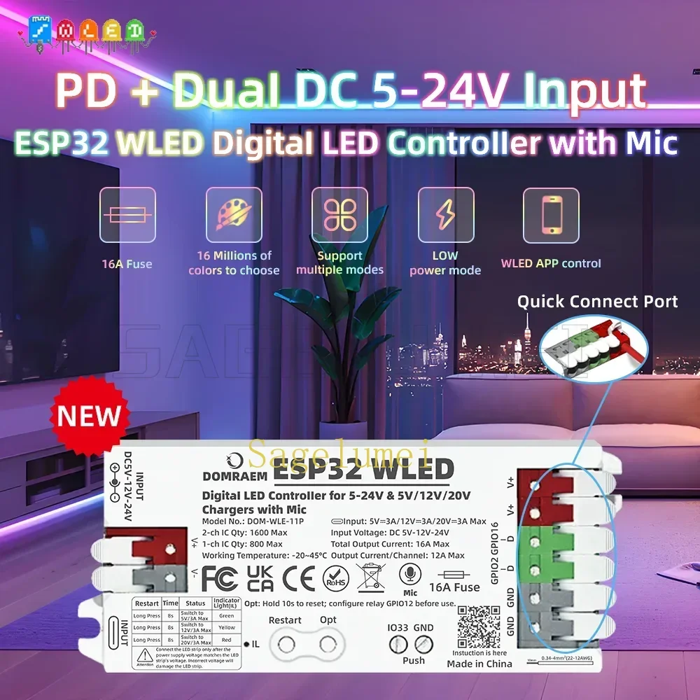 Фото Цифровой светодиодный контроллер DOMRAEM PD 3A с питанием ESP32 WLED, 5 В/12 В/20 В, с портом микрофона/UART и предохранителем 16 А для полосок WS281X SK6812 APA102 №3
