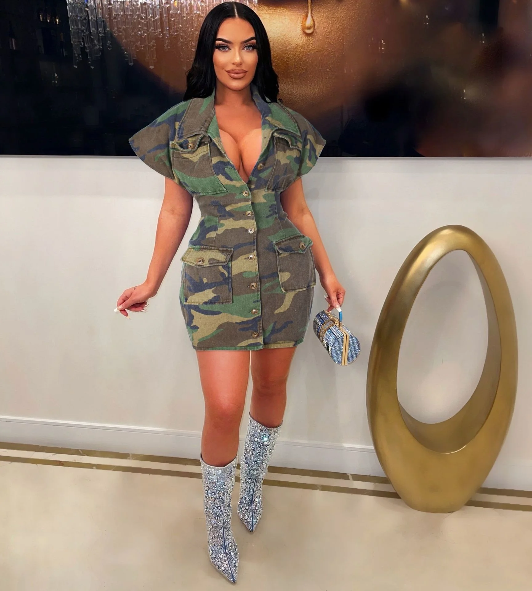 

Cutubly Fashion Camo Going Out Dresses For Women Club Sexy Short Sleeve Button Big Polo Bodycon Slim Fit Skirt Female Overalls