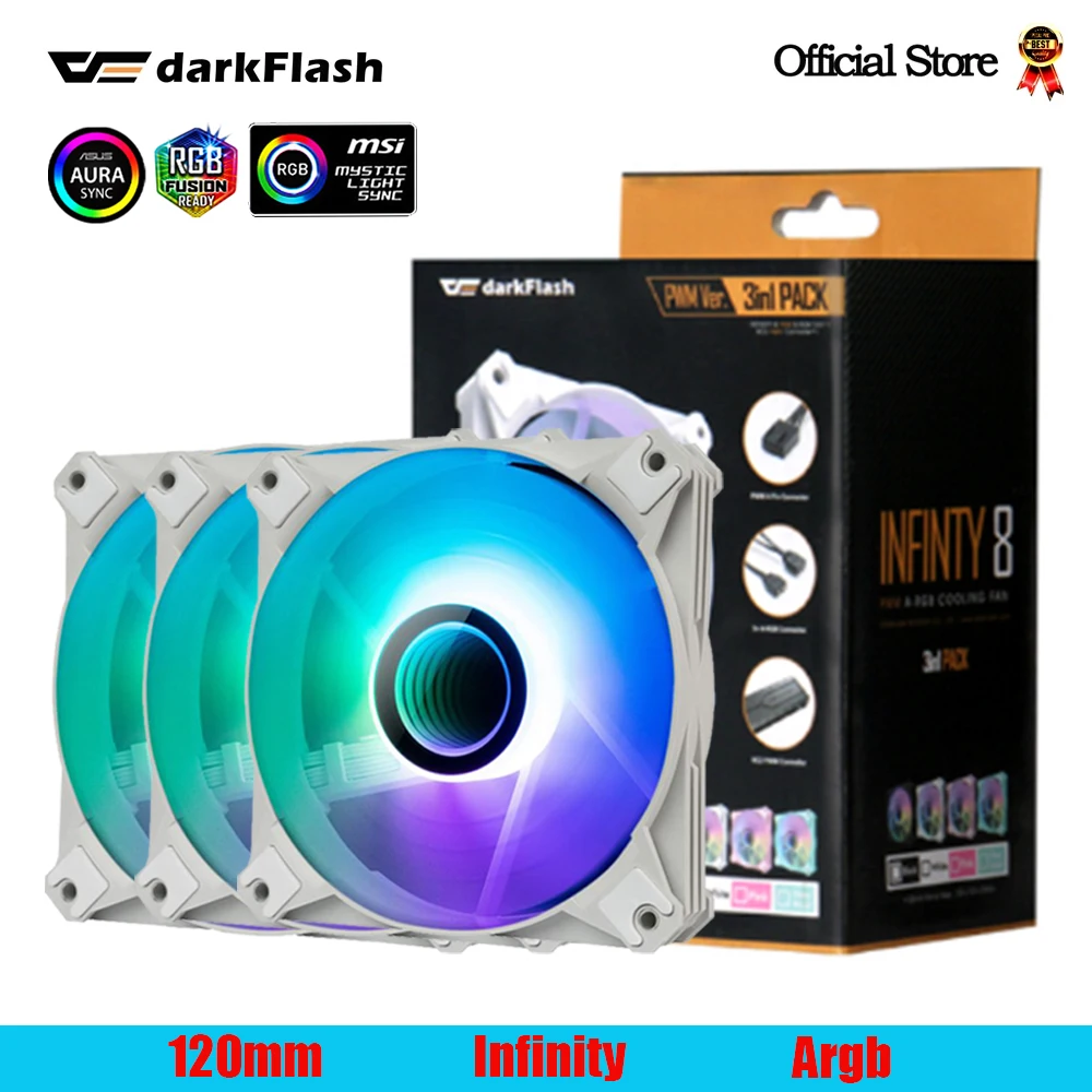 Darkflash 120mm White Infinity Argb PC Case Fans 4 Pin Pwm 3 Pin 5V Aura Sync Cooling Fans for Desktop