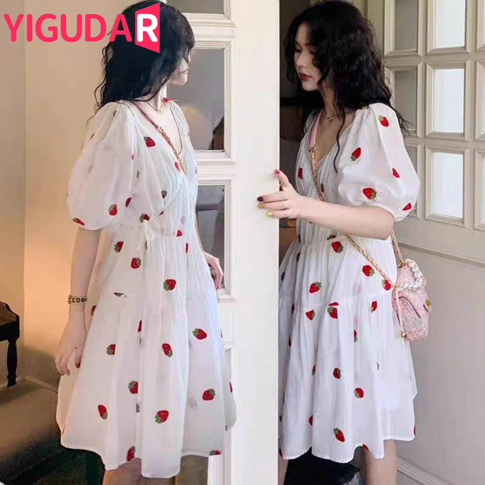 Summer Pregnancy Dress For Woman Maternity Clothing Pregnant Clothes Strawberry Pineapple Embroidery Pattern Female